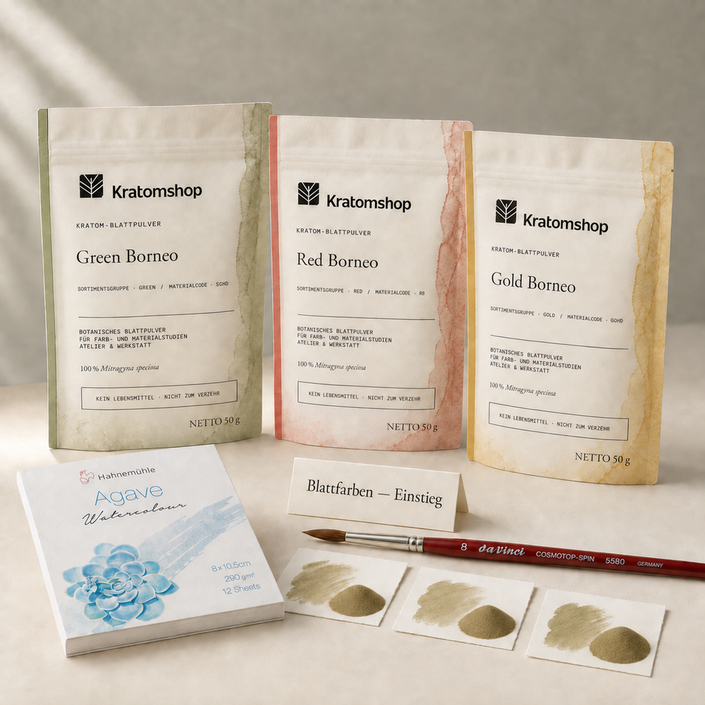Blattfarben — Einstieg mit Green Borneo SGMD, Red Borneo RB und Gold Borneo GOMD als Kratom-Blattpulver, Hahnemühle-Papier und da Vinci-Pinsel