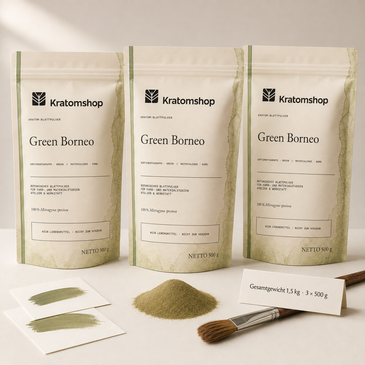 Kratom leaf powder · Material group Green · Material code SGMD · Leaf Archive 02 · Green Borneo