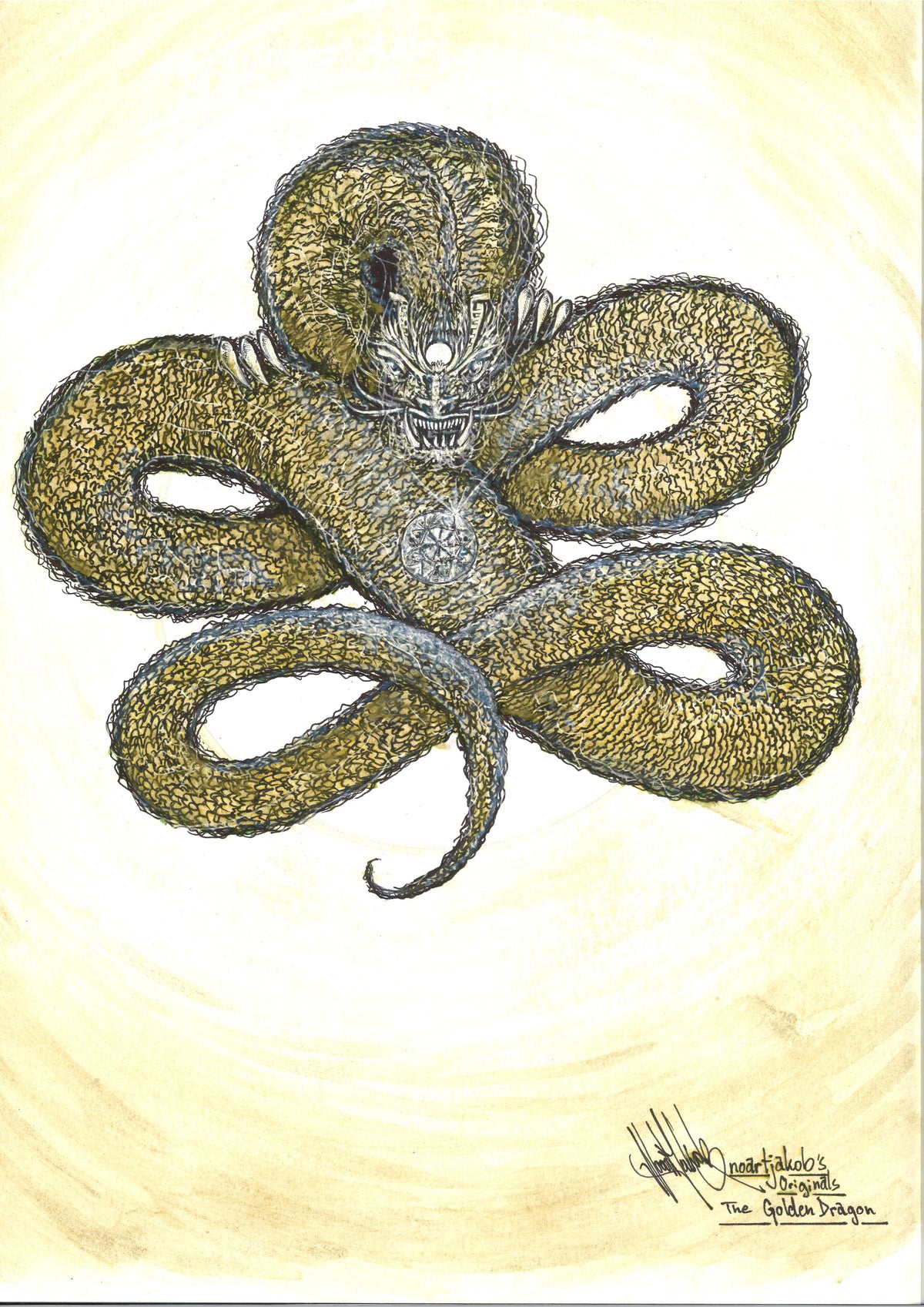 The Golden Dragon von Noart: gewundener Drache mit goldgelben Flächen und dunklen Linien, einschließlich der Signatur des Künstlers.
