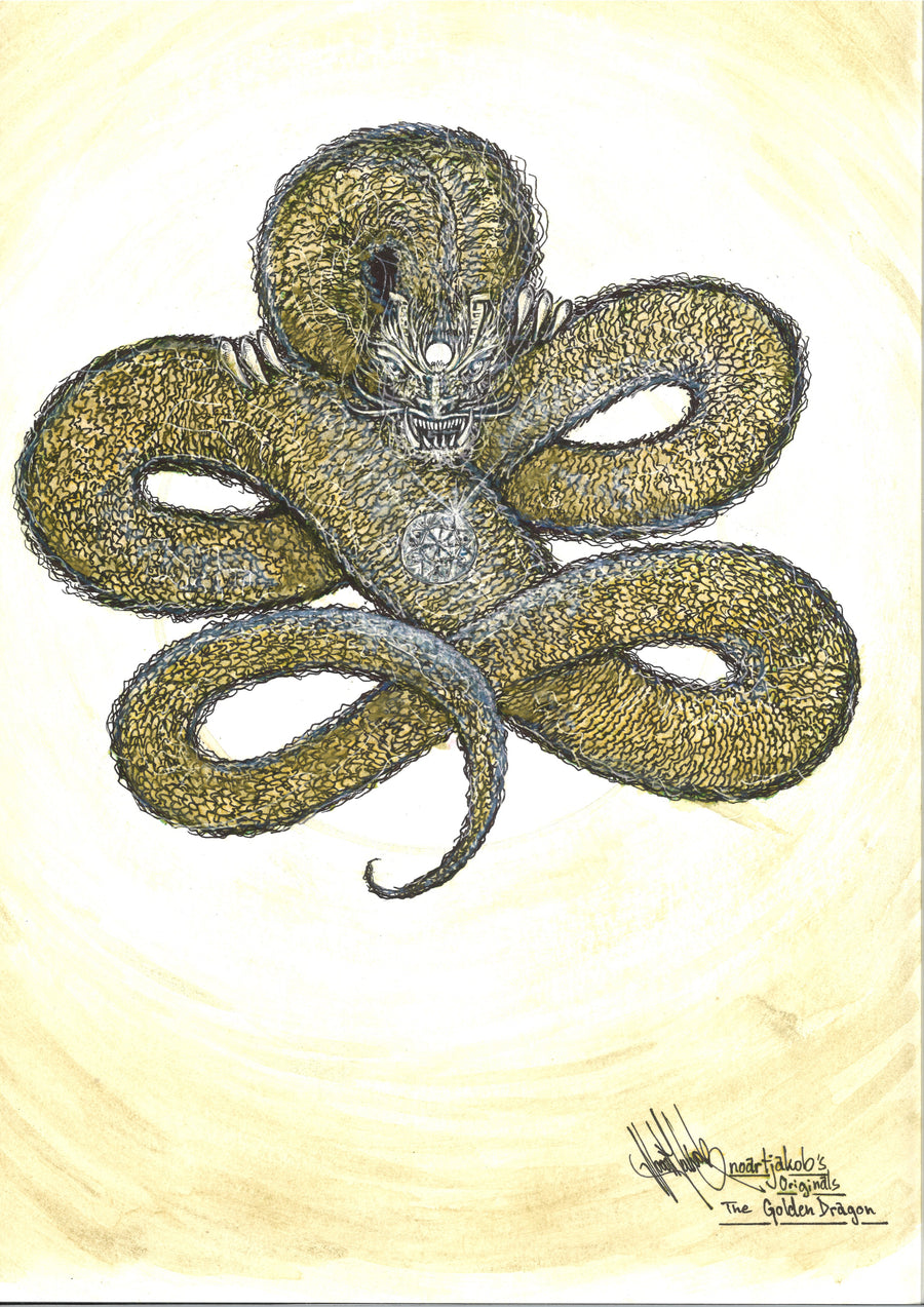 The Golden Dragon von Noart: gewundener Drache mit goldgelben Flächen und dunklen Linien