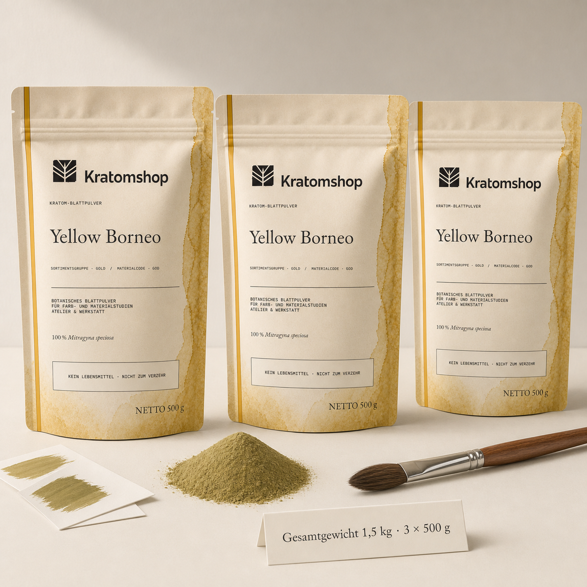 Kratom leaf powder · Material group Gold · Material code GOD · Leaf Archive 12 · Yellow Borneo