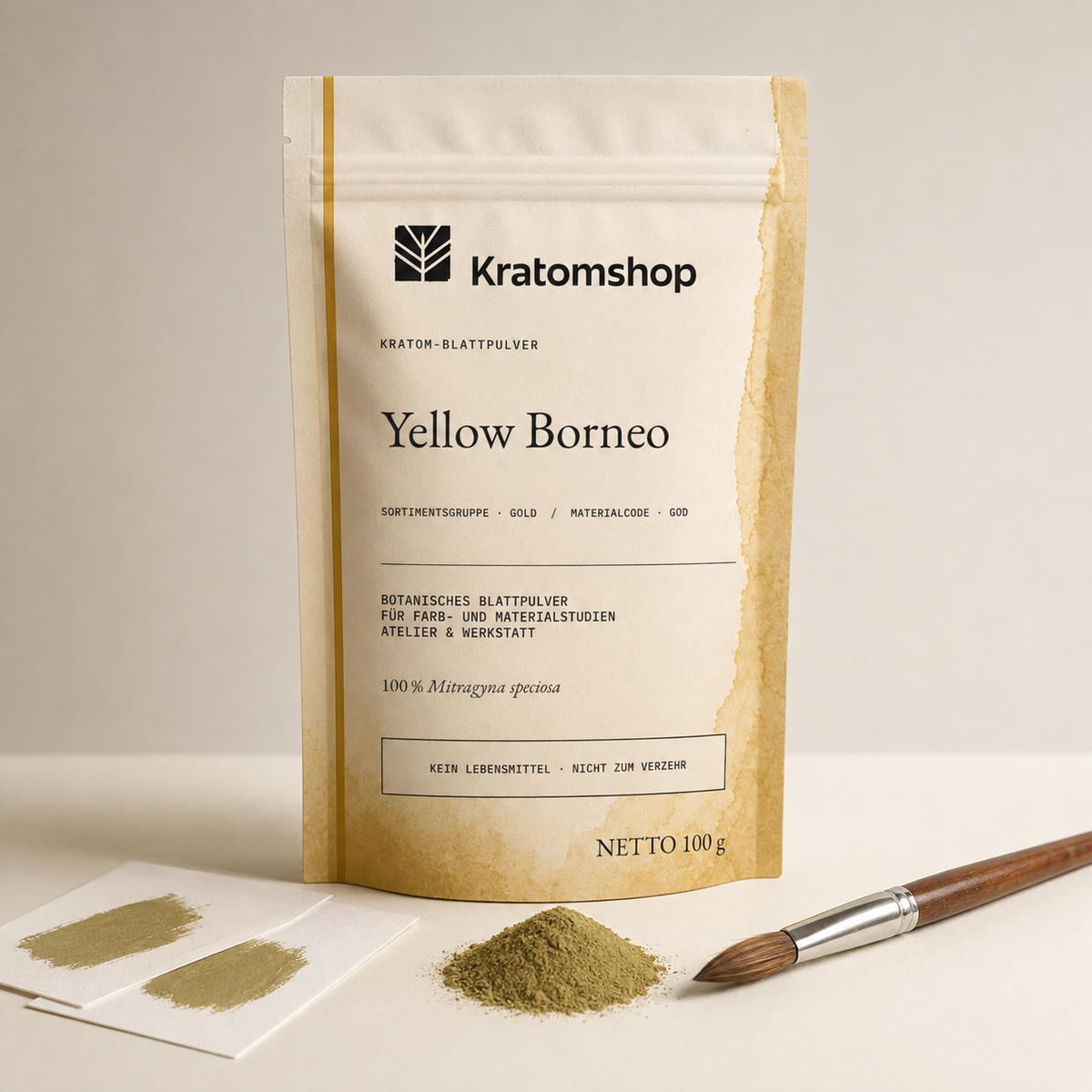 Kratom leaf powder · Material group Gold · Material code GOD · Leaf Archive 12 · Yellow Borneo
