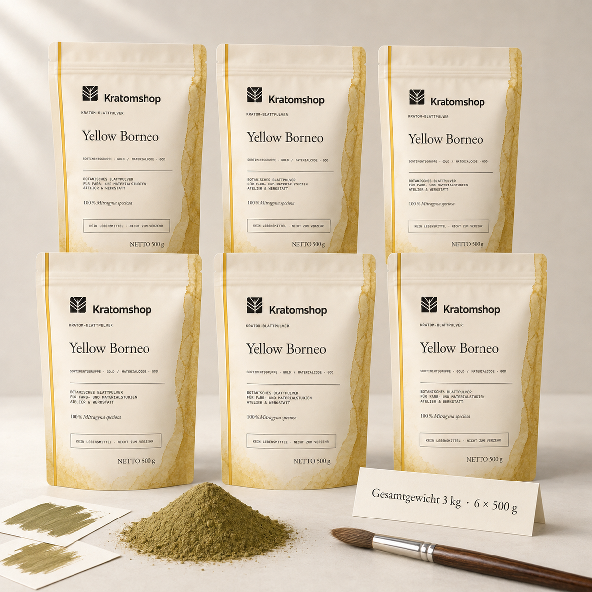 Kratom leaf powder · Material group Gold · Material code GOD · Leaf Archive 12 · Yellow Borneo