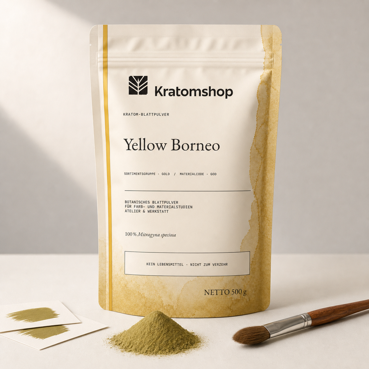 Kratom leaf powder · Material group Gold · Material code GOD · Leaf Archive 12 · Yellow Borneo
