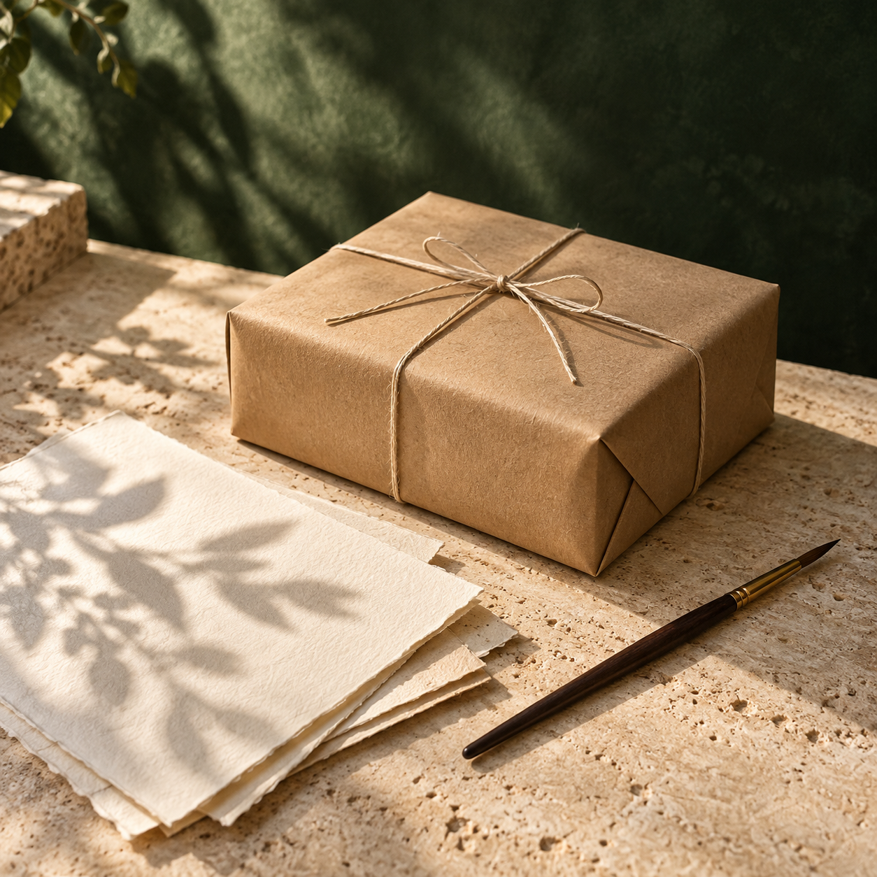 A parcel, artist paper and a paintbrush on pale natural stone