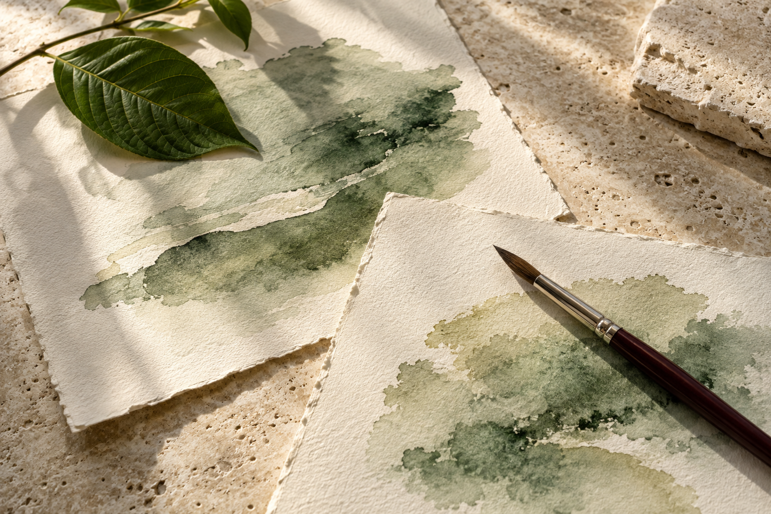 Watercolour papers with sage-green washes and an artist brush on pale natural stone
